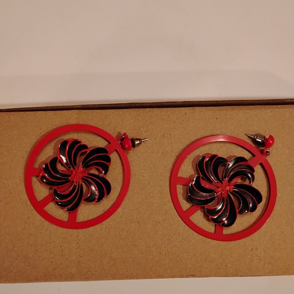 Red and Black Floral Earrings Peace and Sun Symbols Hanging Studs Diameter ~2'
